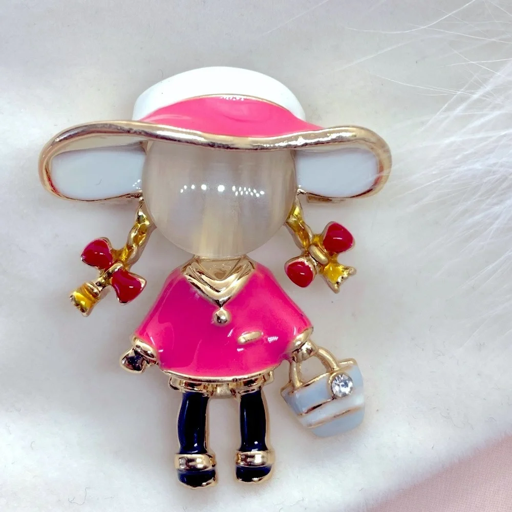 Cute Opal Pink Dress Girl Brooch